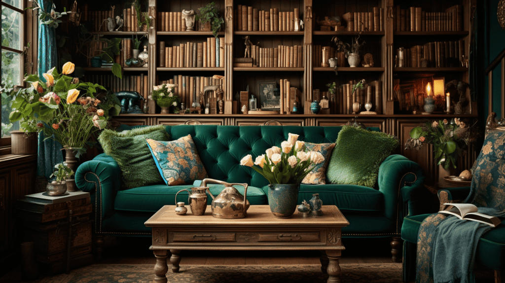 Cozy Living Room with Vintage Green Couch