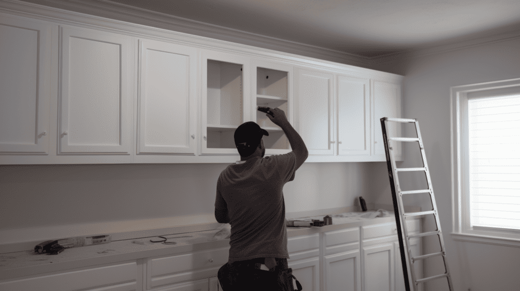 Man painting cabinets with behr