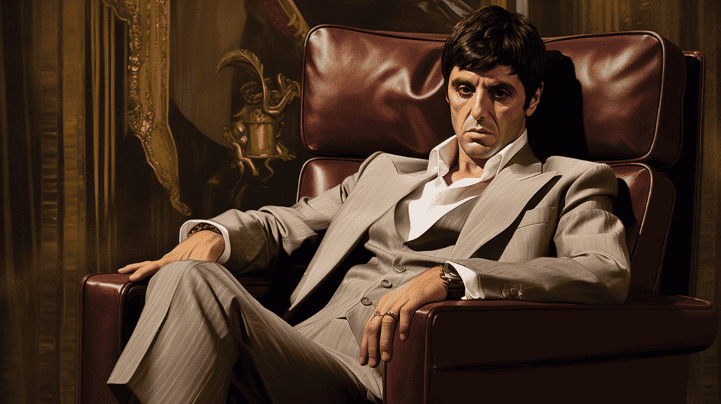 Scarface Canvas Art sitting in chair