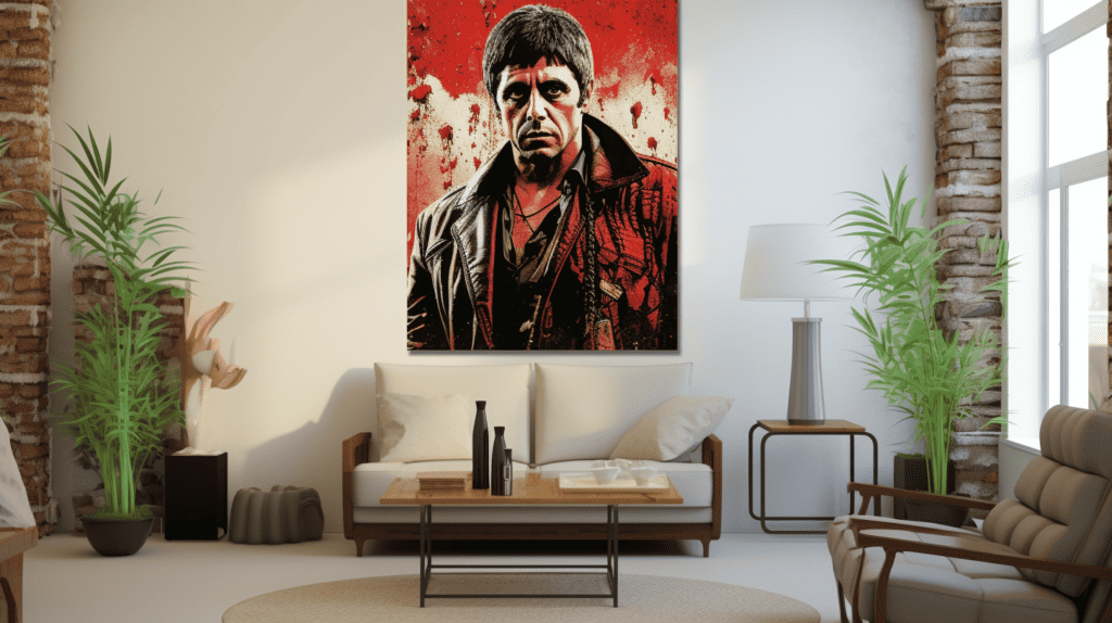 Scarface movie poster on living room wall