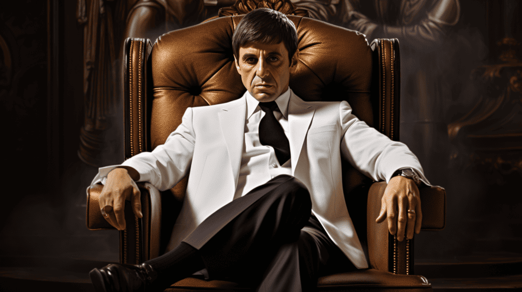 Scarface sitting in a chair