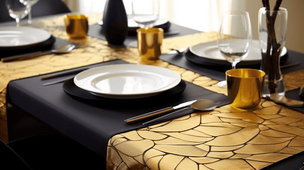 gold table linens with black napkins