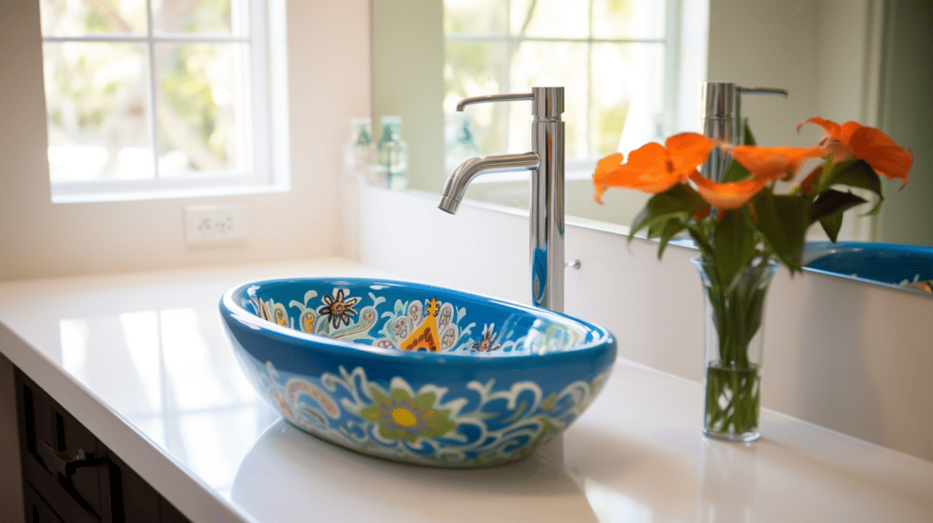 A Mid Century Modern Oval Blue Sink, adorned with intricate hand-painted Mexican-inspired patterns, sits atop a sleek white vanity