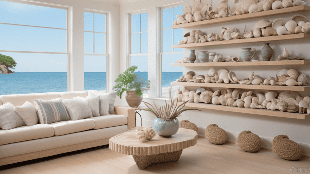 A beautiful display of functional seashell decorations in a coastal-themed living room