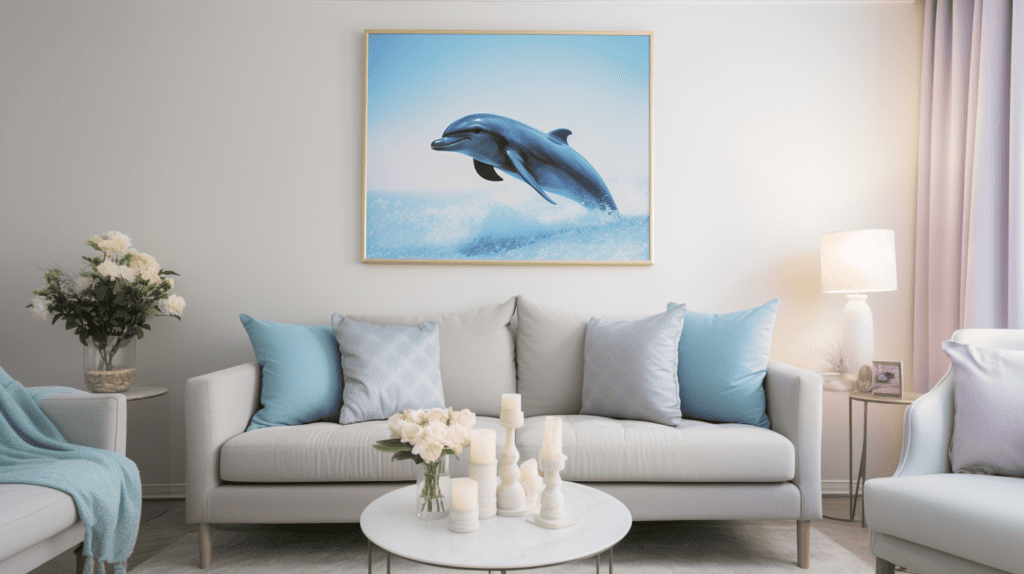 A beautifully arranged Dolphin Home Decor display in a modern living room, featuring a variety of dolphin-themed decorative items such as wall art