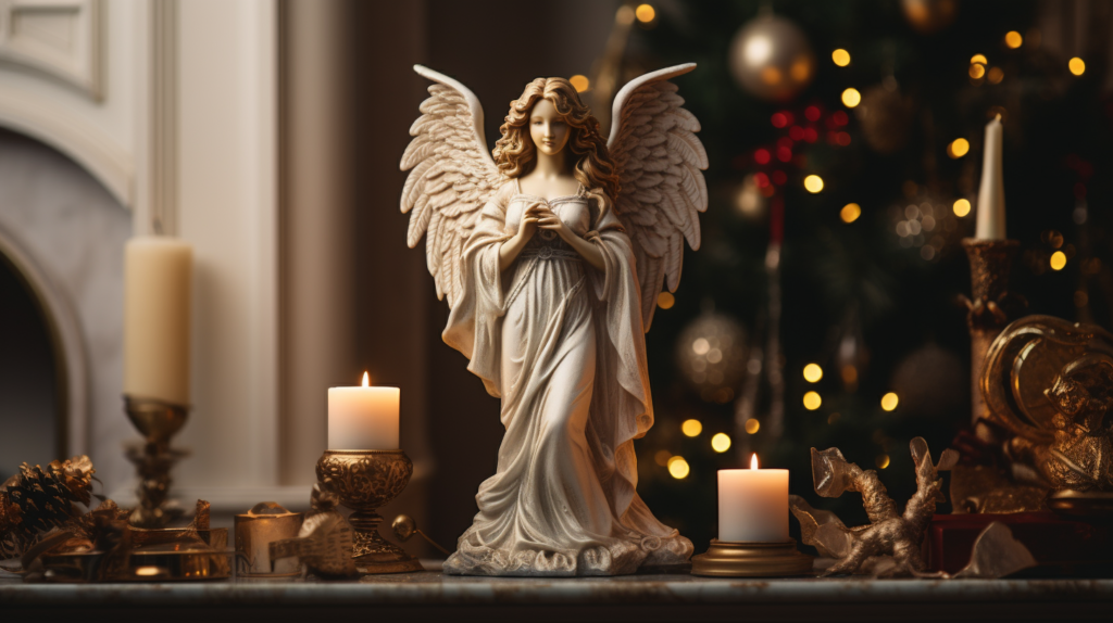 A beautifully crafted Home Decor Angel made of porcelain and adorned with delicate gold accents, standing on a mantelpiece