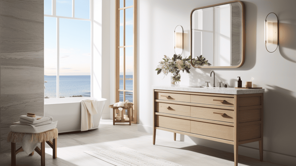 A beautifully crafted Home Decorators Sedgewood Vanity in a modern bathroom, surrounded by sleek marble countertops and elegant fixtures. Home Decorators Sedgewood Vanity