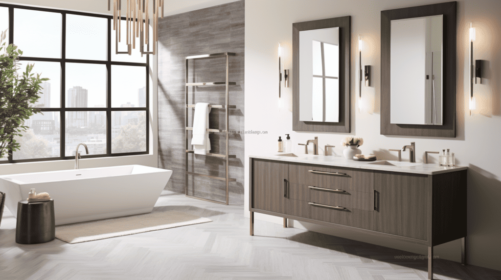 A beautifully crafted Sedgewood Vanity Collection in a modern bathroom, featuring a sleek white countertop. Home Decorators Collection Sedgewood.