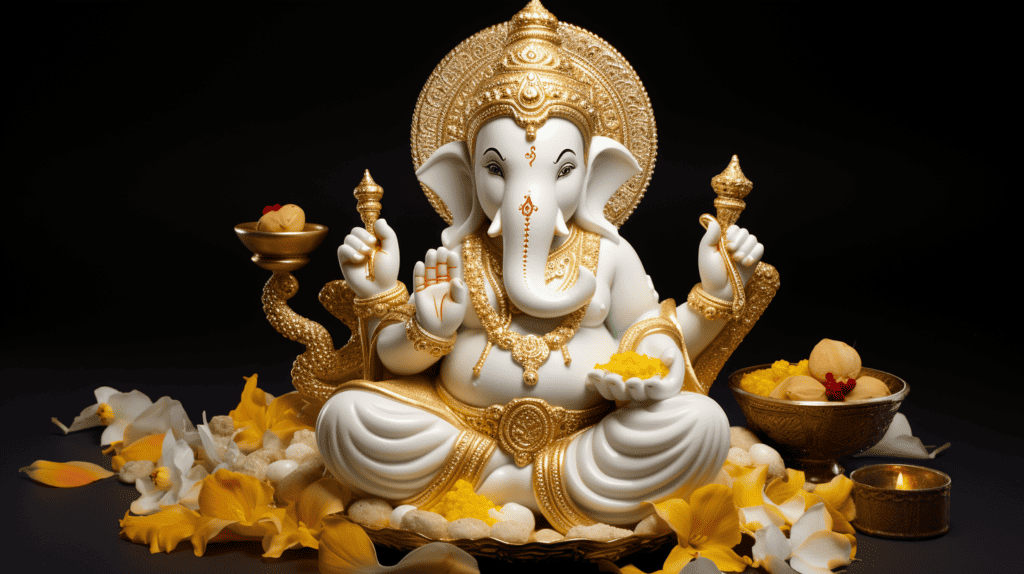 A beautifully crafted TIED RIBBONS Ganesh Chaturthi idol made of pure white marble, adorned with intricate gold and silver detailing