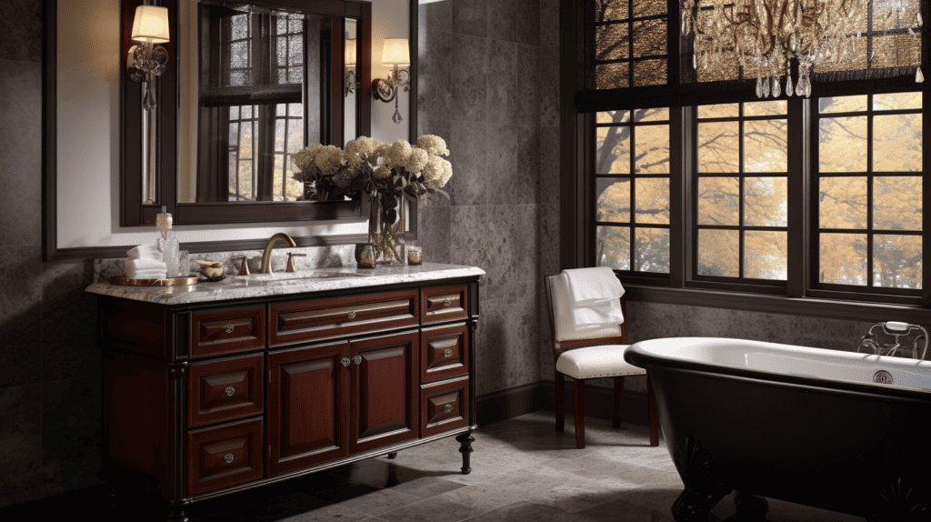A beautifully crafted antique cherry bath vanity with intricate details and a polished granite vanity top in elegant black. Home Decorators Collection Chelsea