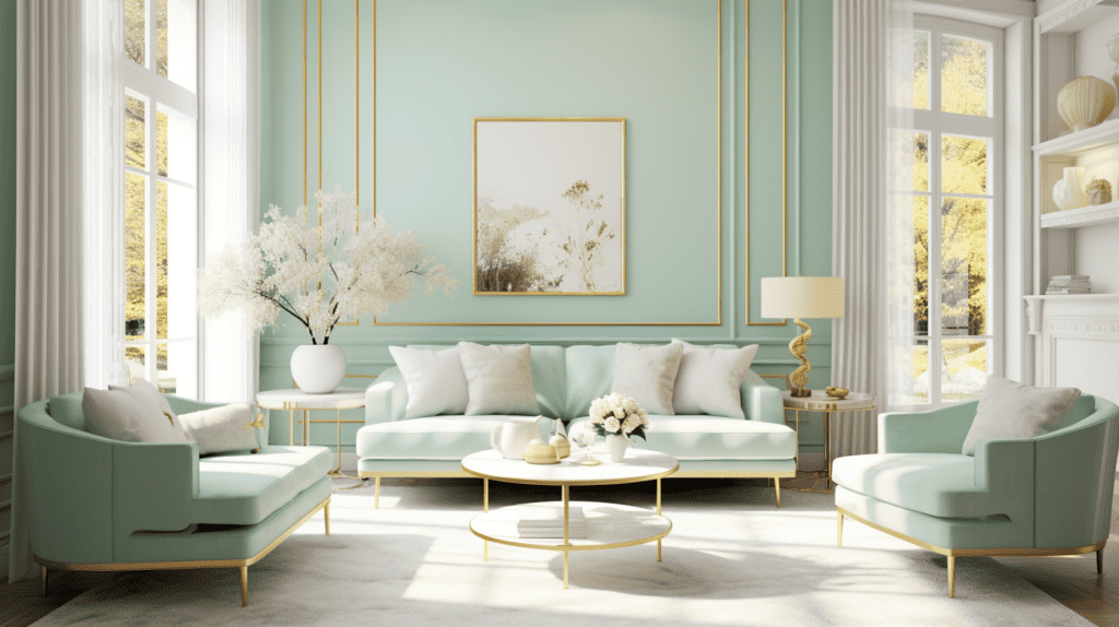 A beautifully styled living room with a mint green color scheme, featuring a plush mint sofa with gold accents