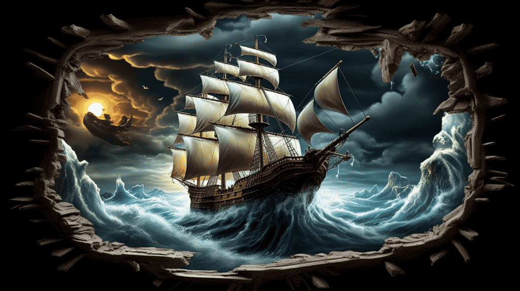 A captivating 3D Pirate Ship Fake Windows Wall Sticker depicting a realistic pirate ship in the middle of a stormy sea. Pirate Home Decor.