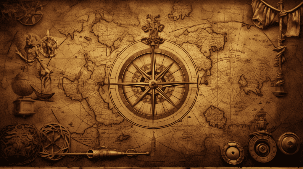 A captivating Pirate Treasure Map Backdrop with weathered parchment texture, intricate hand-drawn map markings, compass rose