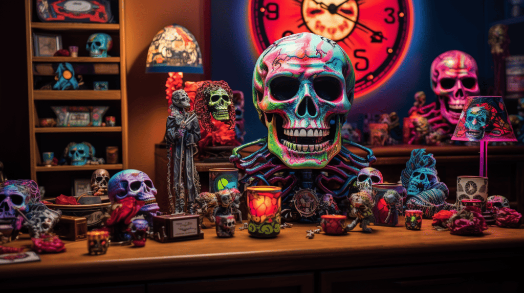 A captivating display of Grateful Dead home accessories, featuring a collection of intricately designed clocks inspired by the band's iconic artwork