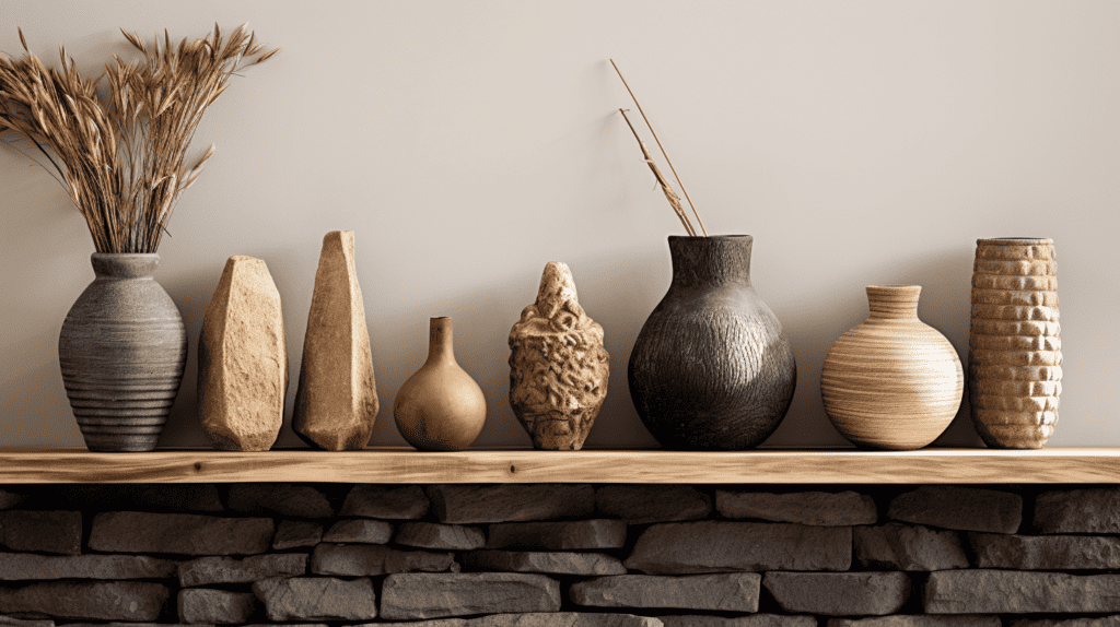 A captivating display of vases, each showcasing a unique type of stone home decor. The vases are arranged on a rustic wooden shelf