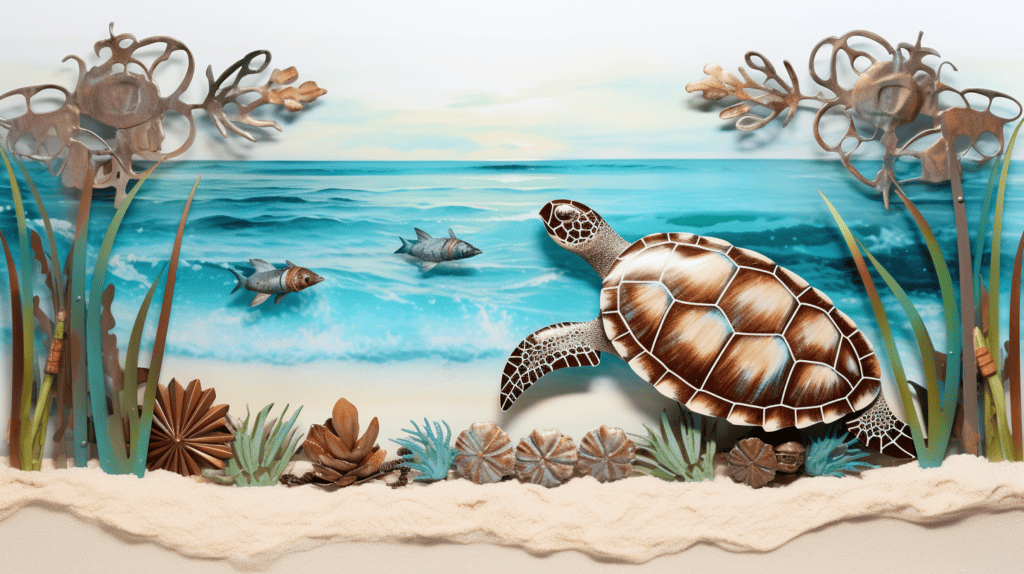 A captivating sea turtle metal door frame decoration, intricately designed with a mix of bronze and turquoise accents
