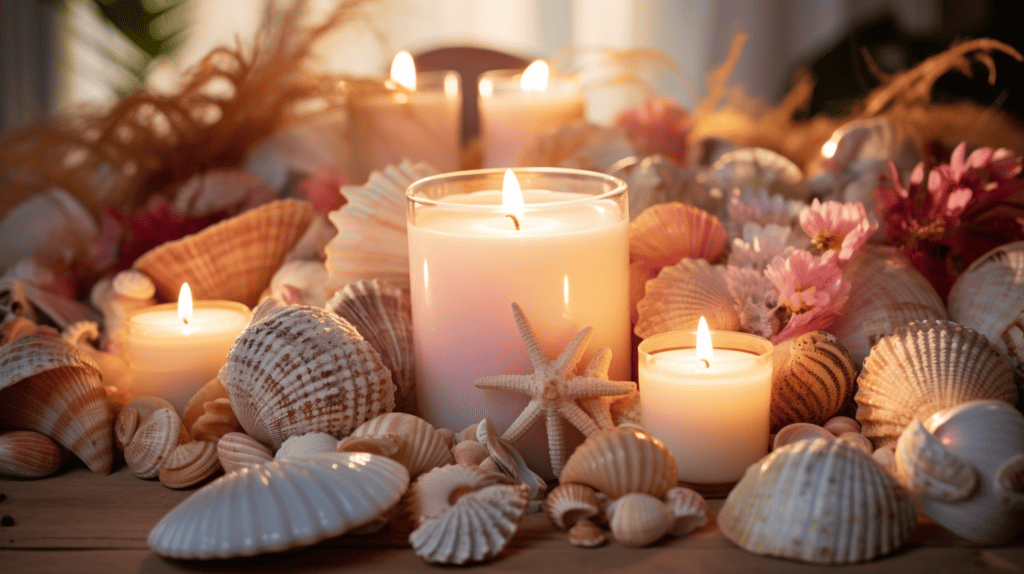 A captivating still life photograph showcasing a seashell candle in the center of a wooden table, surrounded by an assortment of beautifully arranged seashell decorations