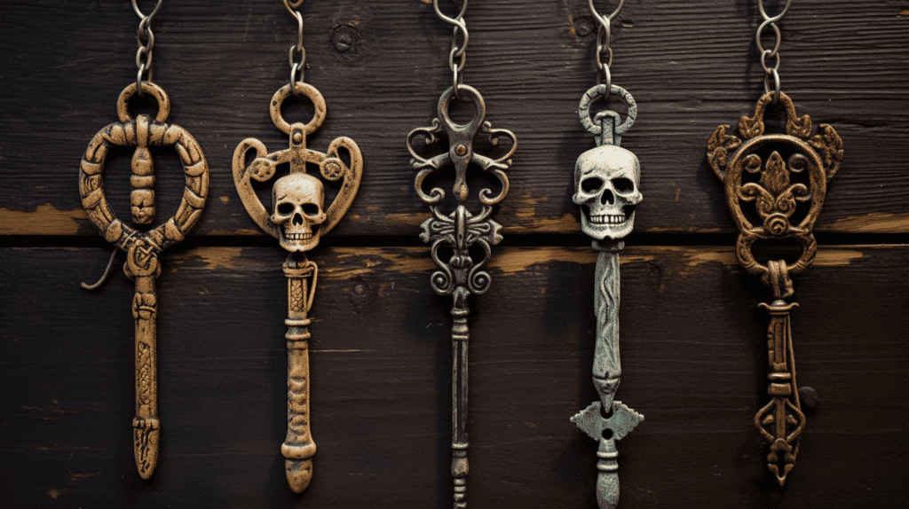 A captivating vintage cast iron skeleton key ring with intricate details and a weathered look, hung on a rustic wooden door, surrounded by pirate-themed furniture and storage