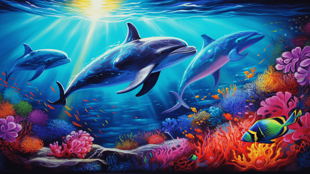 A captivating wall art featuring a vibrant underwater scene with a pod of dolphins gracefully swimming in crystal clear turquoise waters