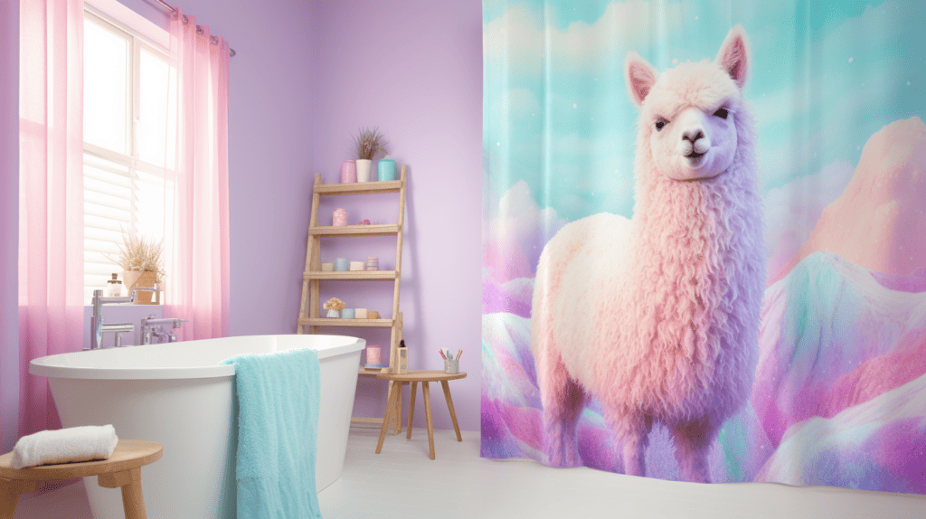 Alpaca Bathroom Decor.  A charming Alpaca Bathroom Decor featuring a whimsical alpaca shower curtain, vibrant alpaca-themed wall art