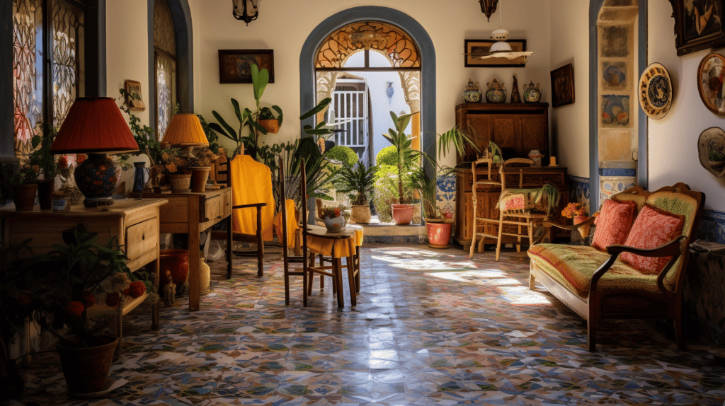 A charming Sicilian home decor showcasing vibrant colors, intricate patterns, and ornate details