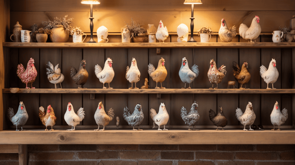A charming display of ceramic chicken figurines, each one with its own unique design and color pattern