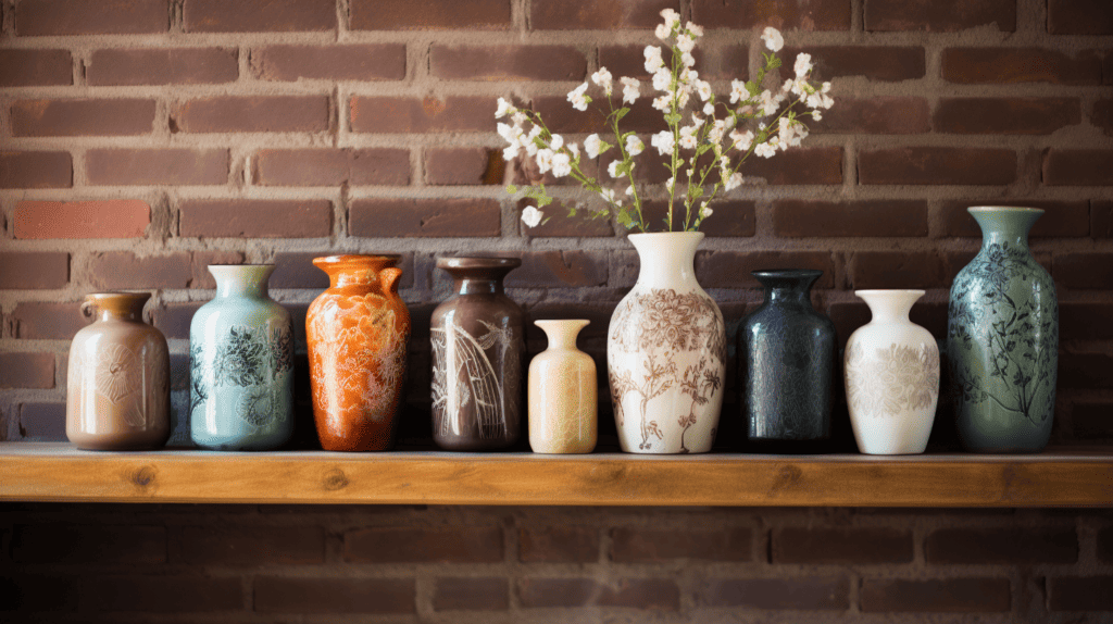 A charming display of ceramic vases in a rustic home decor setting
