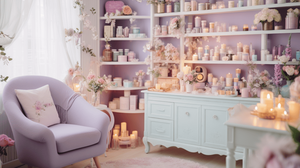 A charming girly home decor with a pastel color palette, featuring a cozy reading nook with a plush armchair, a vintage bookshelf filled with colorful books and trinkets