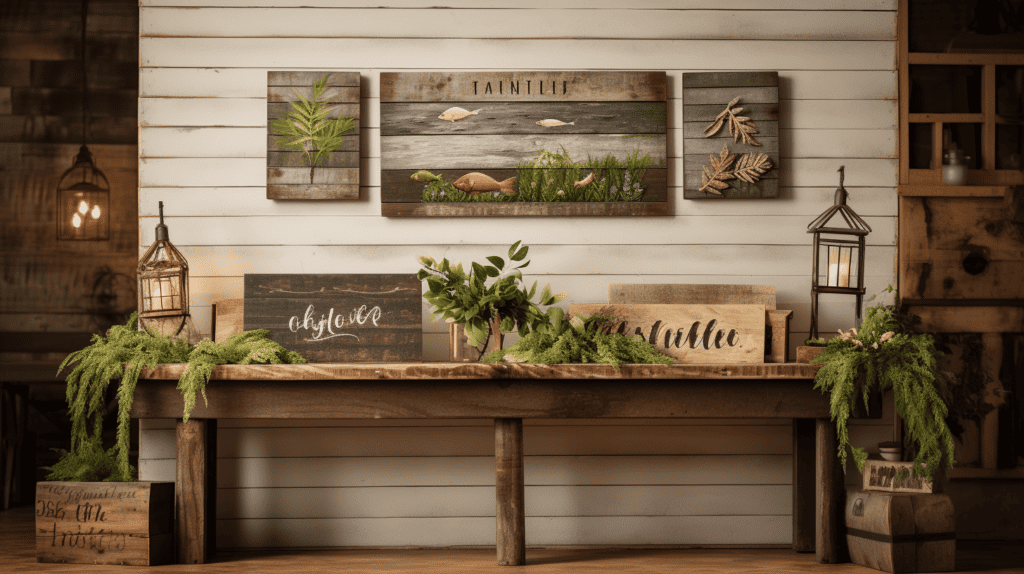 A charming rustic scene with wooden signs showcasing river home decor, one sign features a hand-painted