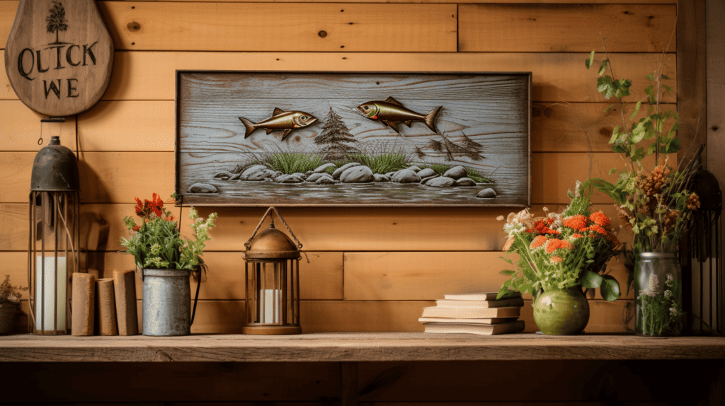 A charming rustic scene with wooden signs showcasing river home decor, one sign features a hand-painted image of a serene river