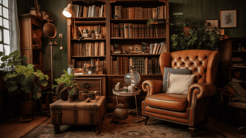 A charming vintage living room with distressed wooden furniture, including a worn-out leather armchair and a weathered coffee table