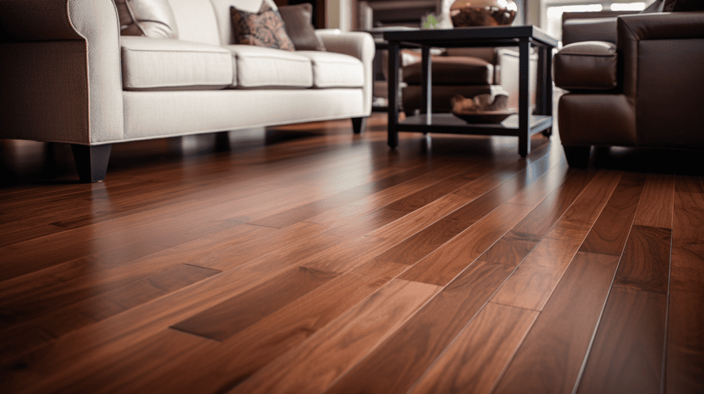 A close-up shot of a beautifully crafted hardwood flooring in a contemporary living room. Environmental Impact.