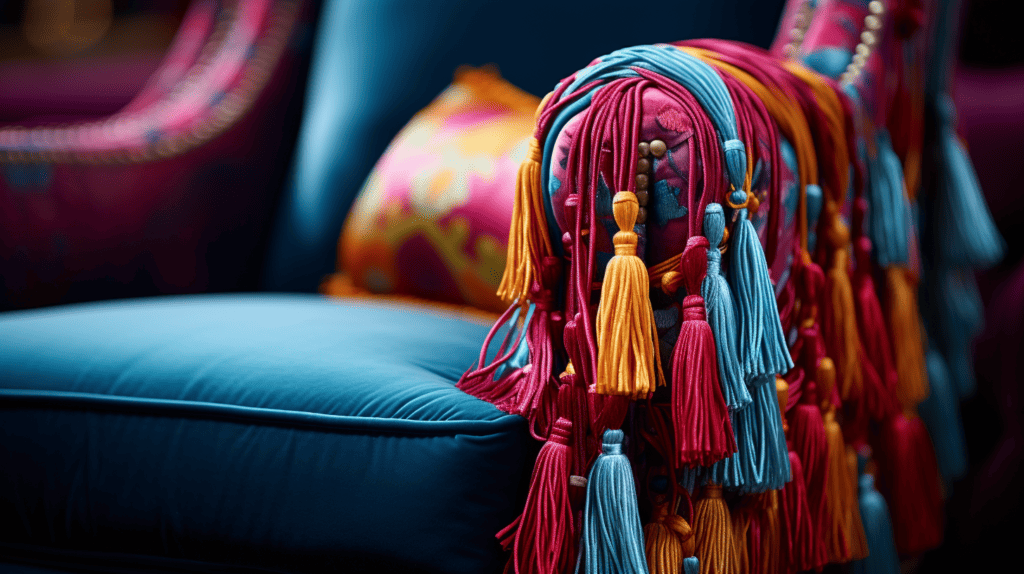 A close-up shot of a luxurious armchair adorned with intricate decorative tassel trims in vibrant colors, enhancing the elegance