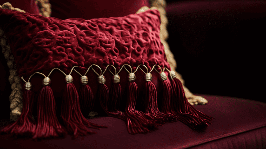 A close-up shot of a luxurious velvet throw pillow with tassels in deep burgundy color, the soft velvet texture highlighted