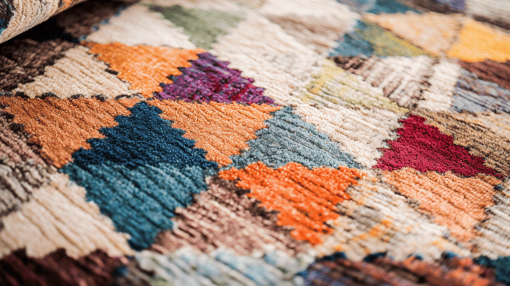 A close-up shot of the SAFAVIEH Tulum Collection Accent Rug, featuring its intricate geometric patterns and vibrant colors. Tulum Style Home Decor.