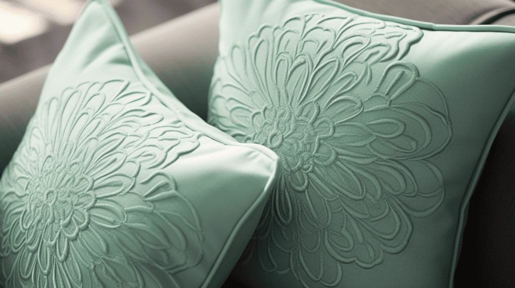 A close-up shot of two mint green throw pillow covers, showcasing their intricate patterns and textures. Mint Home Decor.