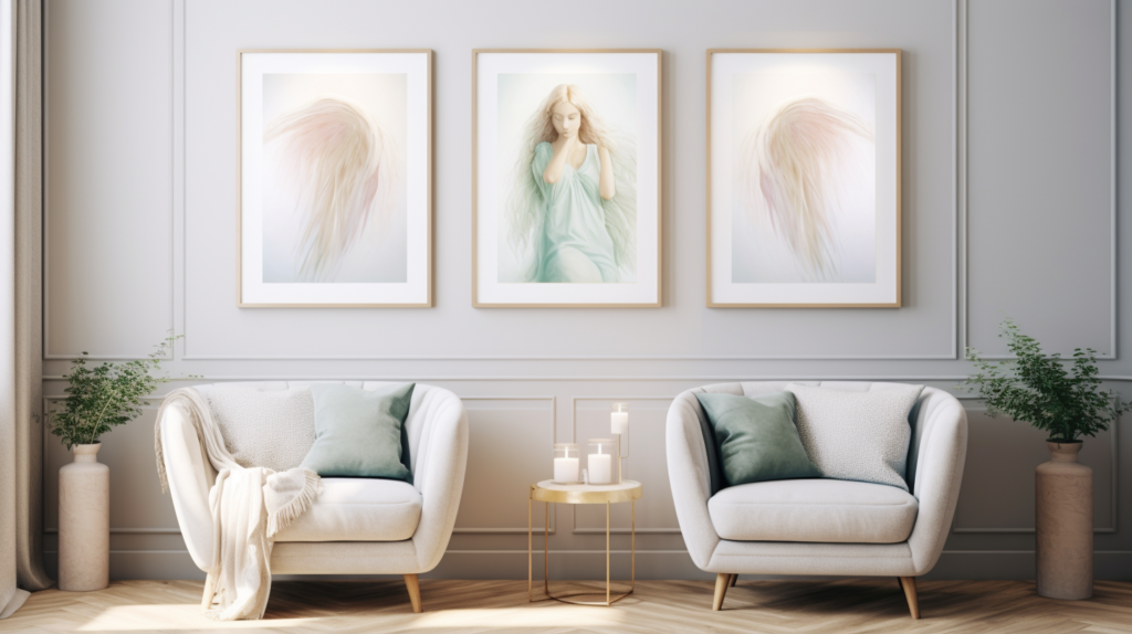 A collection of ethereal angel art prints, featuring two distinct types of angel home decor The first print showcases a serene angelic figure