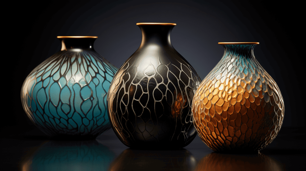 A collection of exquisite ceramic vases inspired by river decor for home, showcasing intricate patterns and textures reminiscent of flowing water