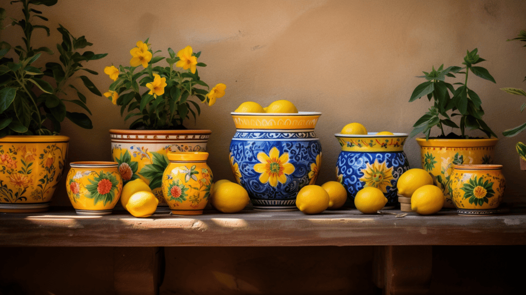 A collection of intricately hand-painted ceramic cachepots, adorned with vibrant Sicilian motifs such as lemons, sunflowers