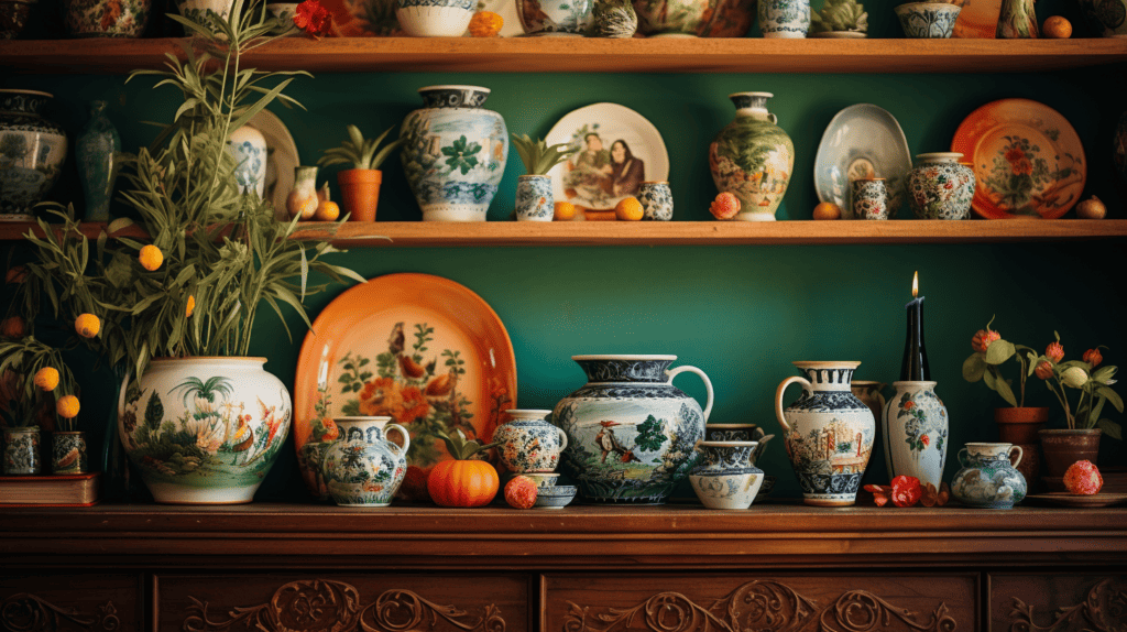 A collection of vibrant and intricate Traditional Sicilian Home Decor Items displayed on a rustic wooden shelf, showcasing delicate ceramic vases adorned