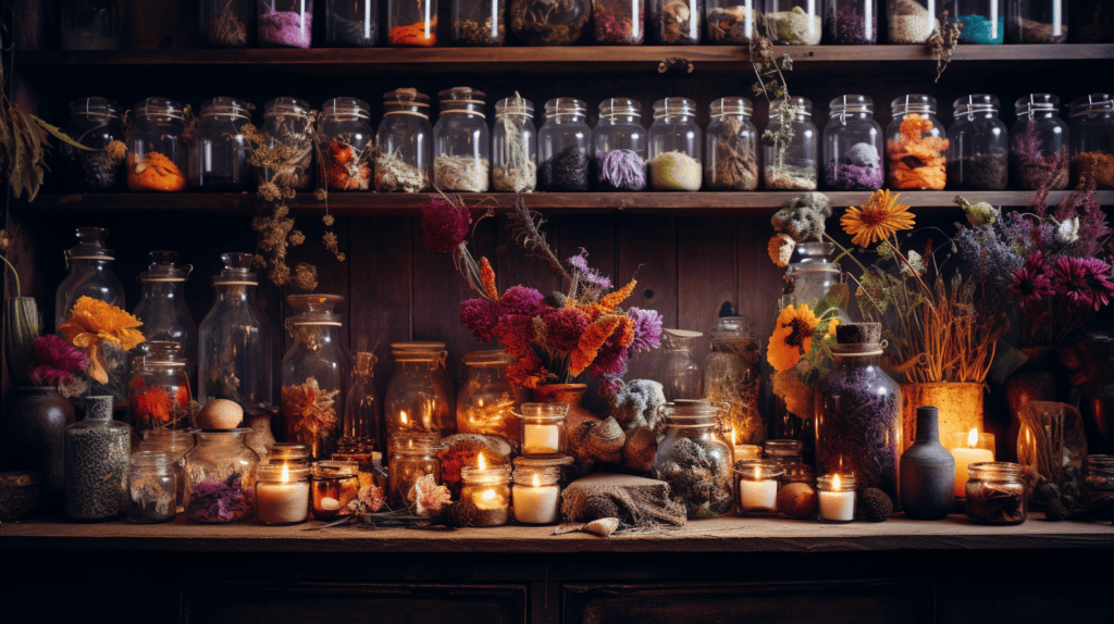 A cozy Apothecary Home Decor setup with a wooden shelf filled with glass jars of colorful dried flowers, herbs, and spices