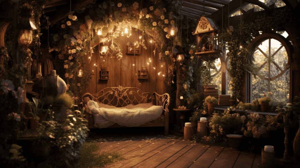 A cozy and enchanting fairy home decorated with fairy lights and string lights, creating a warm and magical atmosphere