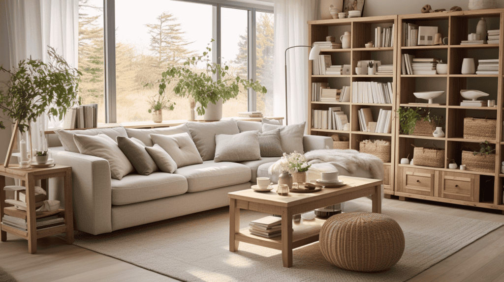 A cozy and inviting living room in Haven Home Decor style, with a neutral color palette of whites, greys, and soft pastels