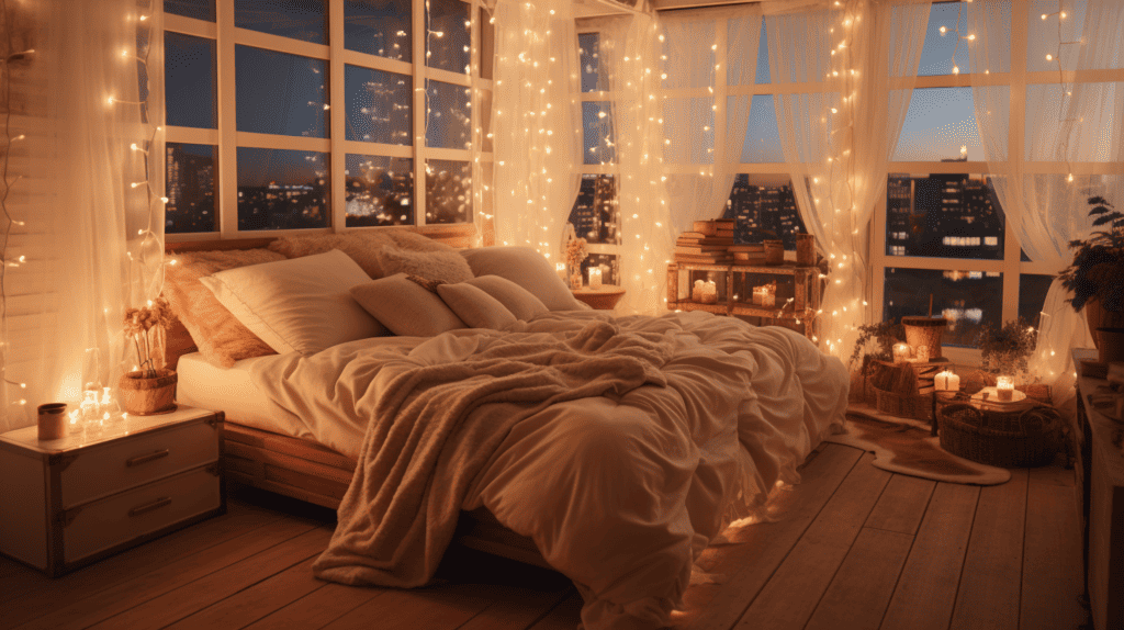 A cozy bedroom adorned with LED fairy lights, gently illuminating the space, creating a warm and magical ambiance