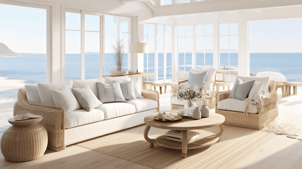 A cozy coastal home decor featuring a living room with a panoramic ocean view, large windows allowing natural light to flood the space. What Is Coastal Home Decor.