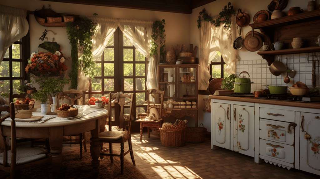 A cozy farmhouse kitchen with rustic chicken-themed decorations, including wall art, ceramic figurines, and embroidered dish towels