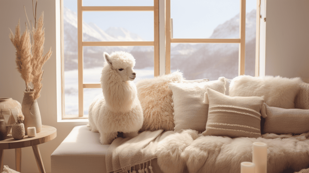A cozy living room adorned with Alpaca Plush Pillows, scattered on a plush sofa, creating a warm and inviting atmosphere. Alpaca Home Decor.