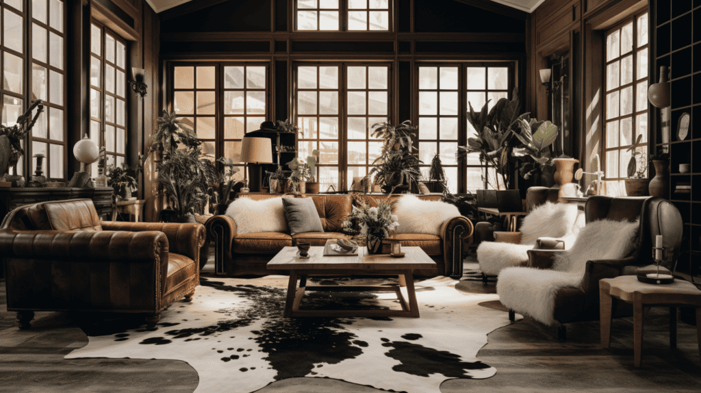 A cozy living room adorned with cowhide rugs, featuring a large cowhide rug in the center