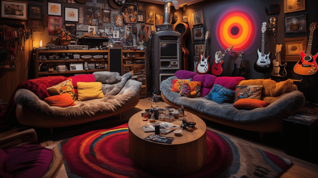 A cozy living room filled with Grateful Dead home accessories, including tapestry wall hangings, tie-dye throw pillows
