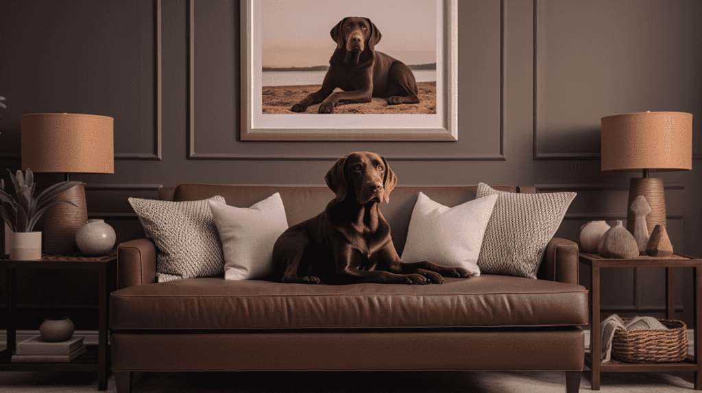 A cozy living room with a Chocolate Lab-themed home decor, featuring a large wall painting of a Chocolate Lab in a playful pose